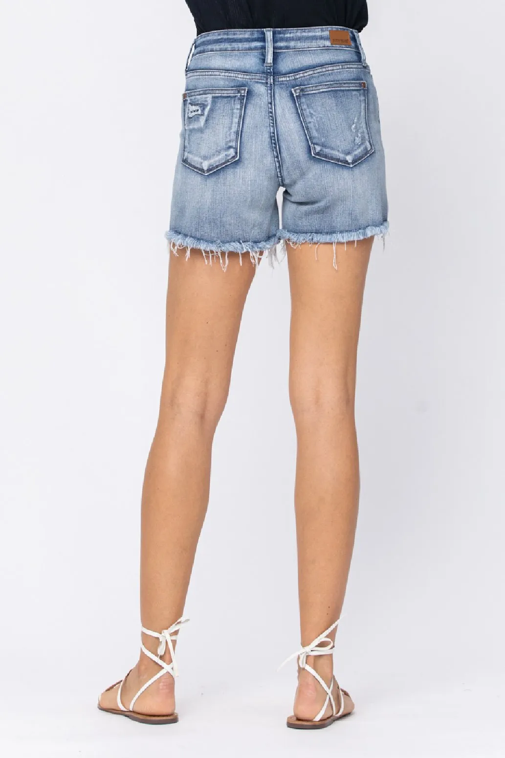 Judy Blue Denim Patch Mid Rise Distressed Short