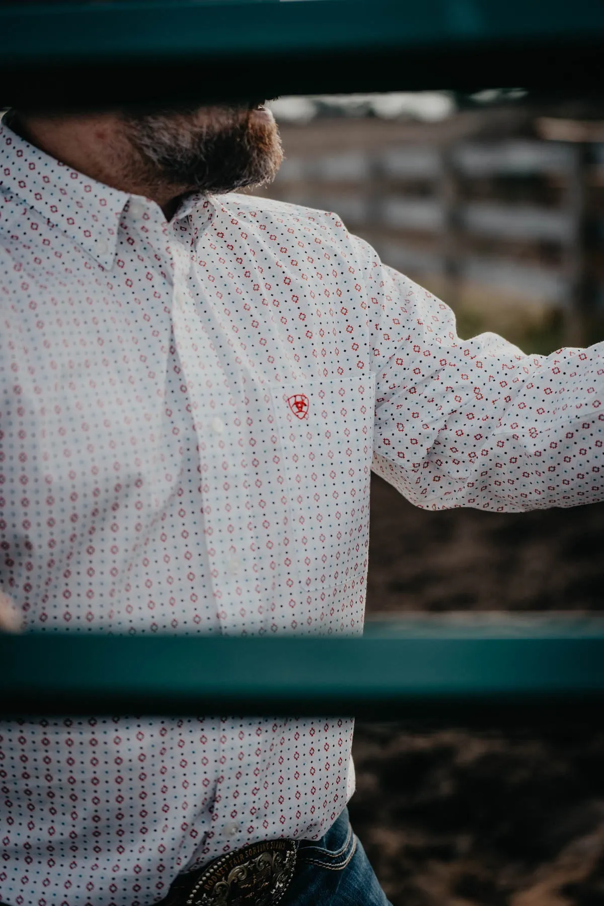 'Kade' Men's Ariat White Long Sleeve Button Down with Red / Blue Print (1 L ONLY)
