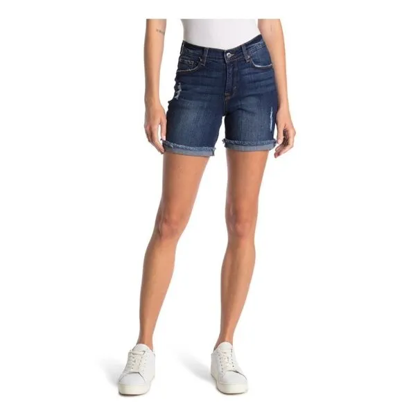 Kensie Womens Dark Wash Distressed Roll Cuffed Bermuda Jean Shorts Sz 8 NWT