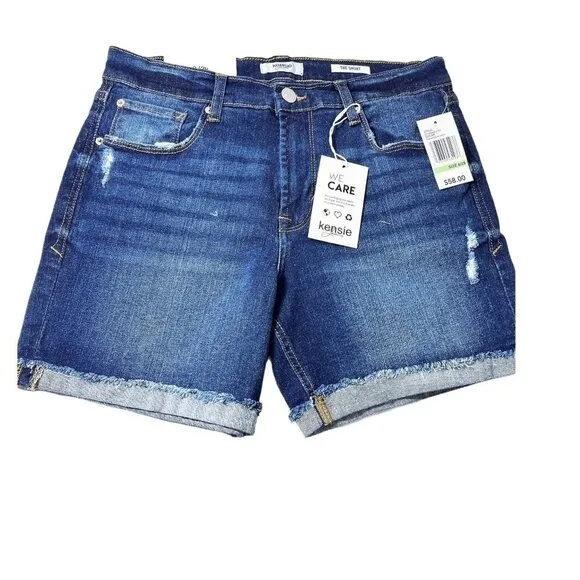 Kensie Womens Dark Wash Distressed Roll Cuffed Bermuda Jean Shorts Sz 8 NWT