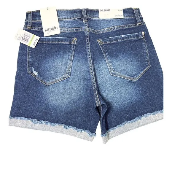 Kensie Womens Dark Wash Distressed Roll Cuffed Bermuda Jean Shorts Sz 8 NWT