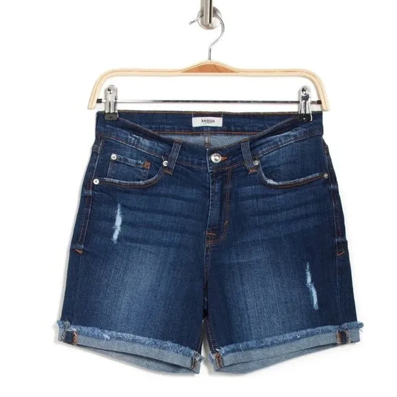 Kensie Womens Dark Wash Distressed Roll Cuffed Bermuda Jean Shorts Sz 8 NWT