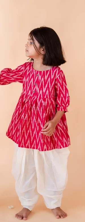 Klingaru Girl Dhoti Set - Pink with Offwhite Ikat