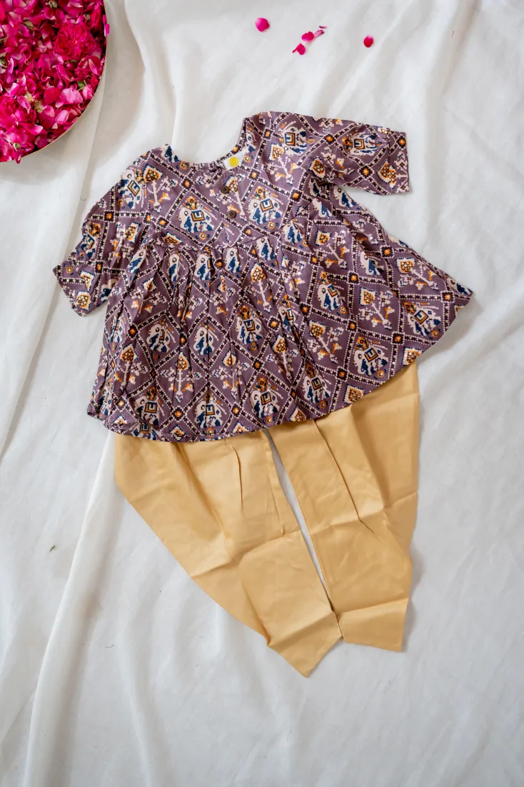 Klingaru Girl Dhoti Set - Wine Glaze Cotton with Golden