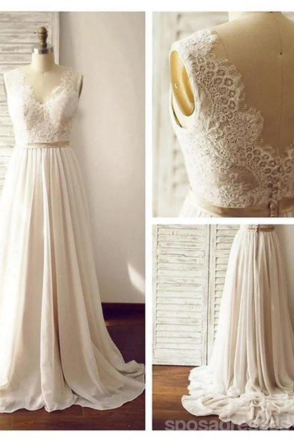 Lace Backless Beach Wedding Dresses, Chiffon Long Custom Wedding Gowns, 17097
