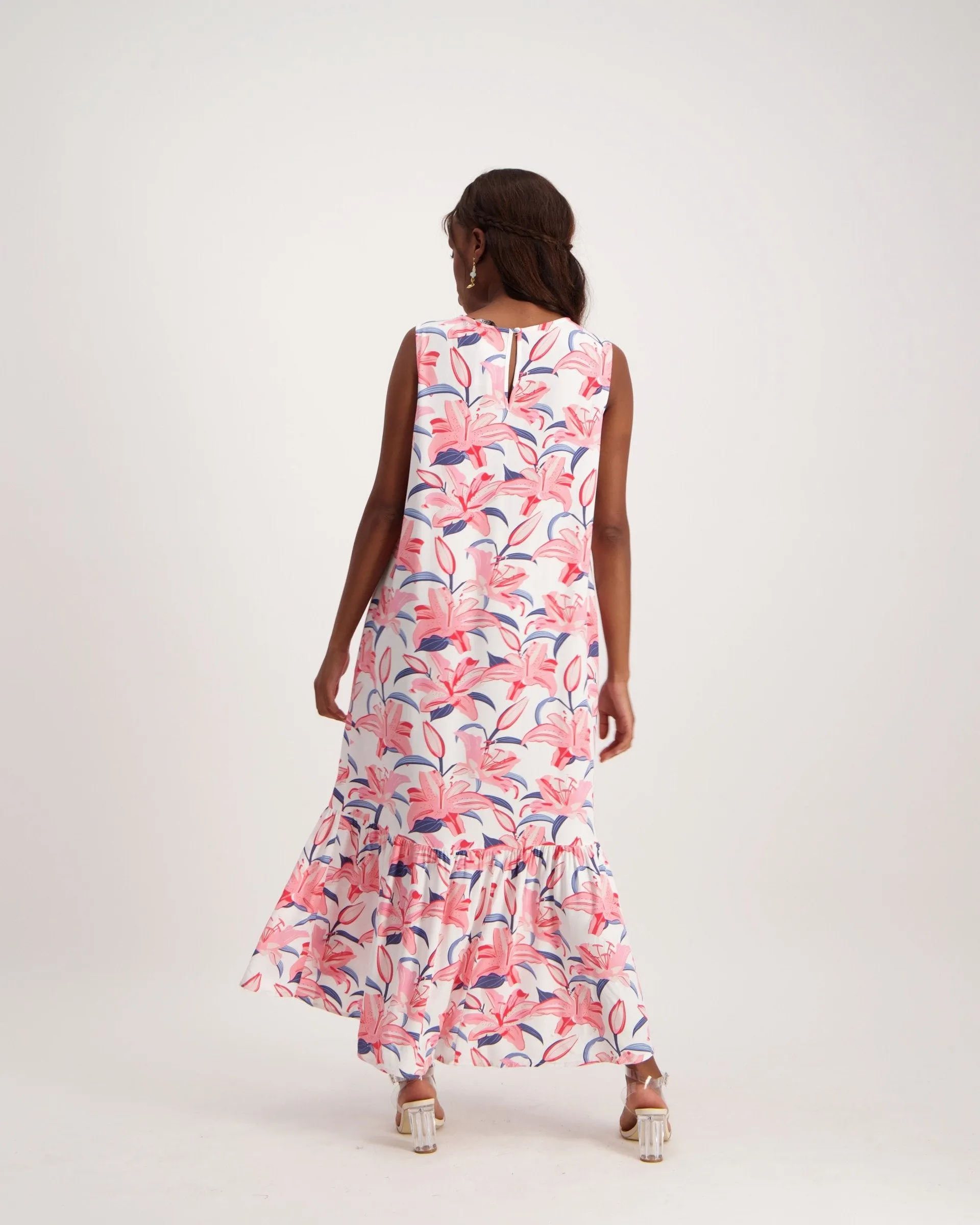Ladies Tier Hem Midi Dress - Pink