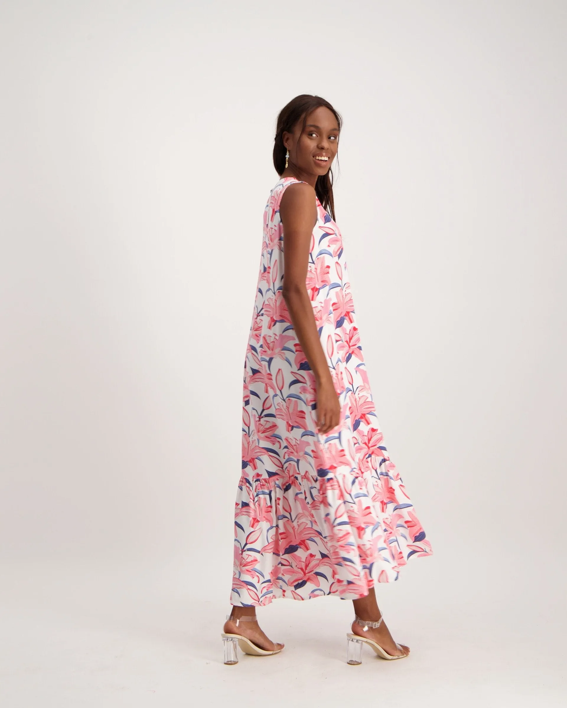 Ladies Tier Hem Midi Dress - Pink