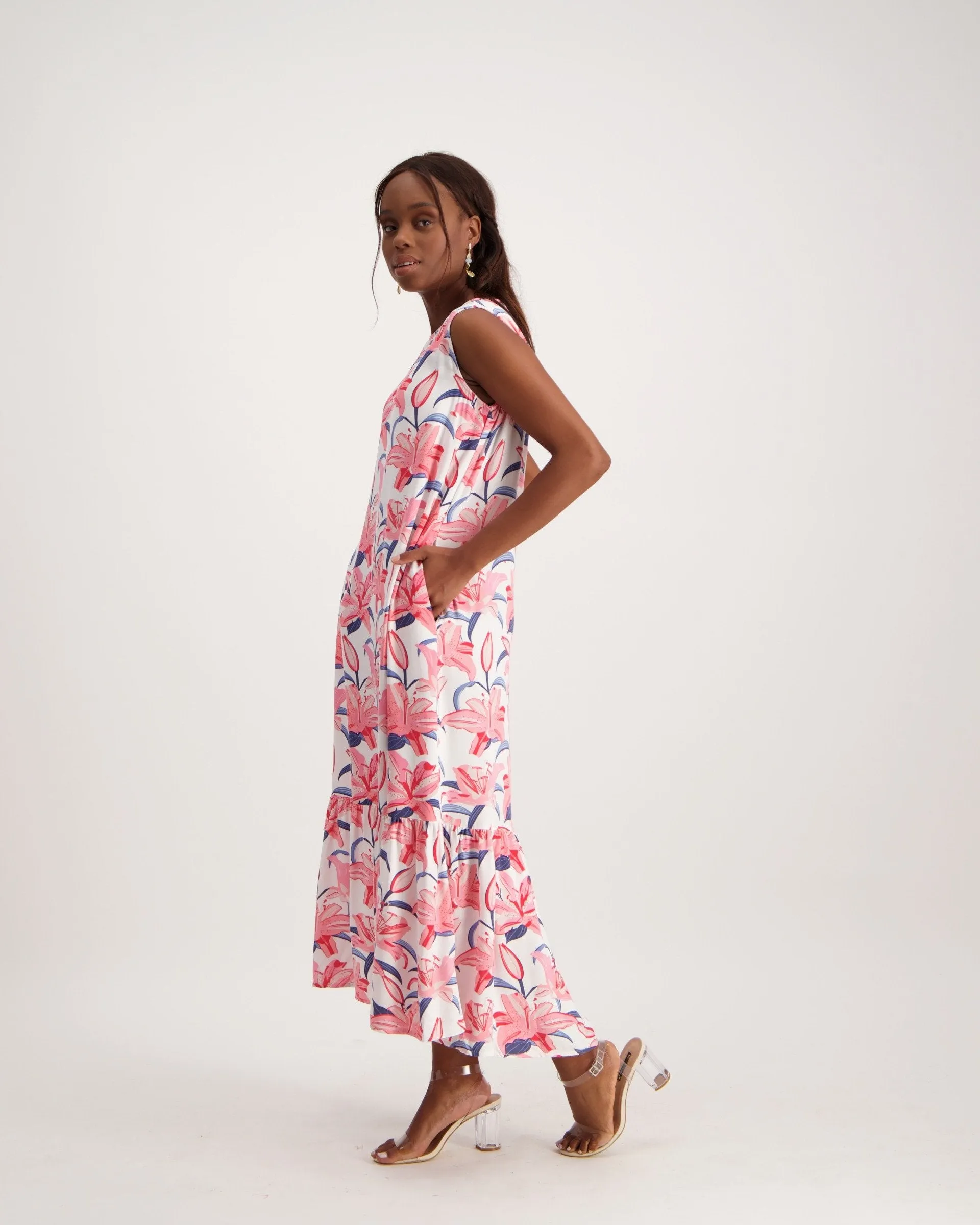 Ladies Tier Hem Midi Dress - Pink