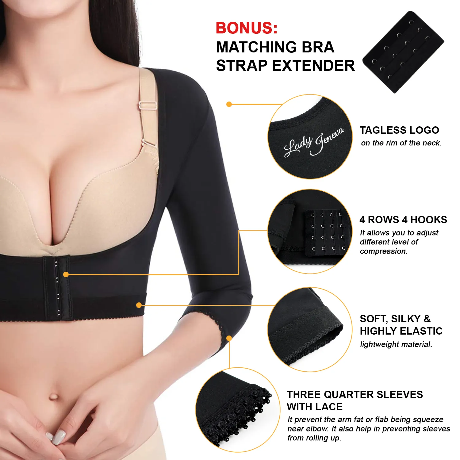 Lady Jeneva - Woman Posture Corrector Upper Arm Compression Shaper - Black