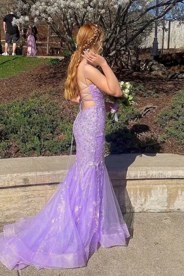Lavender Tulle Mermaid V-neck Lace Appliques Cross Back Prom Dresses, SLP063