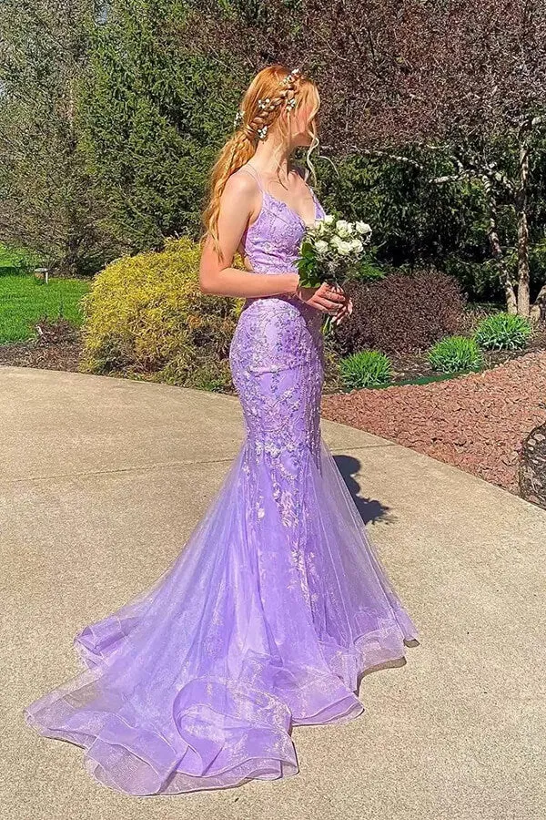 Lavender Tulle Mermaid V-neck Lace Appliques Cross Back Prom Dresses, SLP063