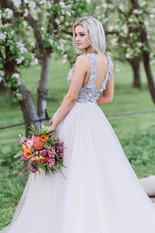 Layered Plunging Neck V-Back Long Wedding Dress with Colored Appliques,MW364