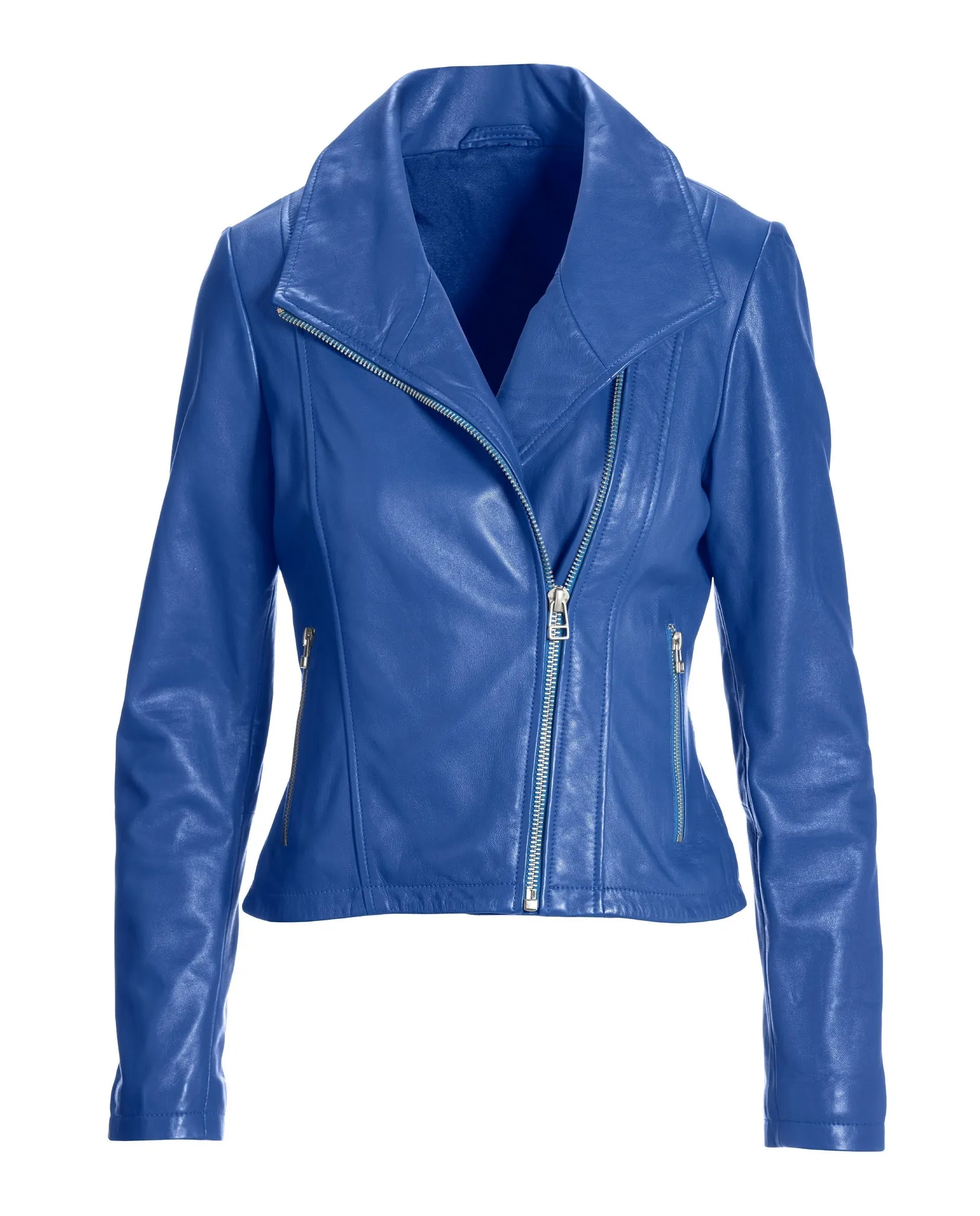 Leather Collared Moto Jacket Lapis Blue
