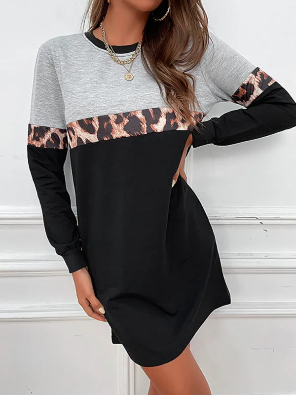 Leopard Print Loose Fit Sweater Dress with Long Sleeves