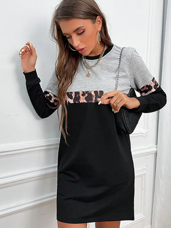 Leopard Print Loose Fit Sweater Dress with Long Sleeves