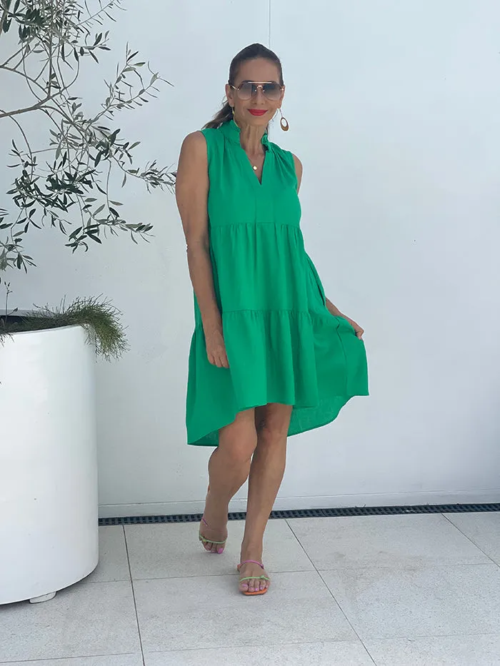 Libby Midi Tiered Relaxed Linen Dress - Green