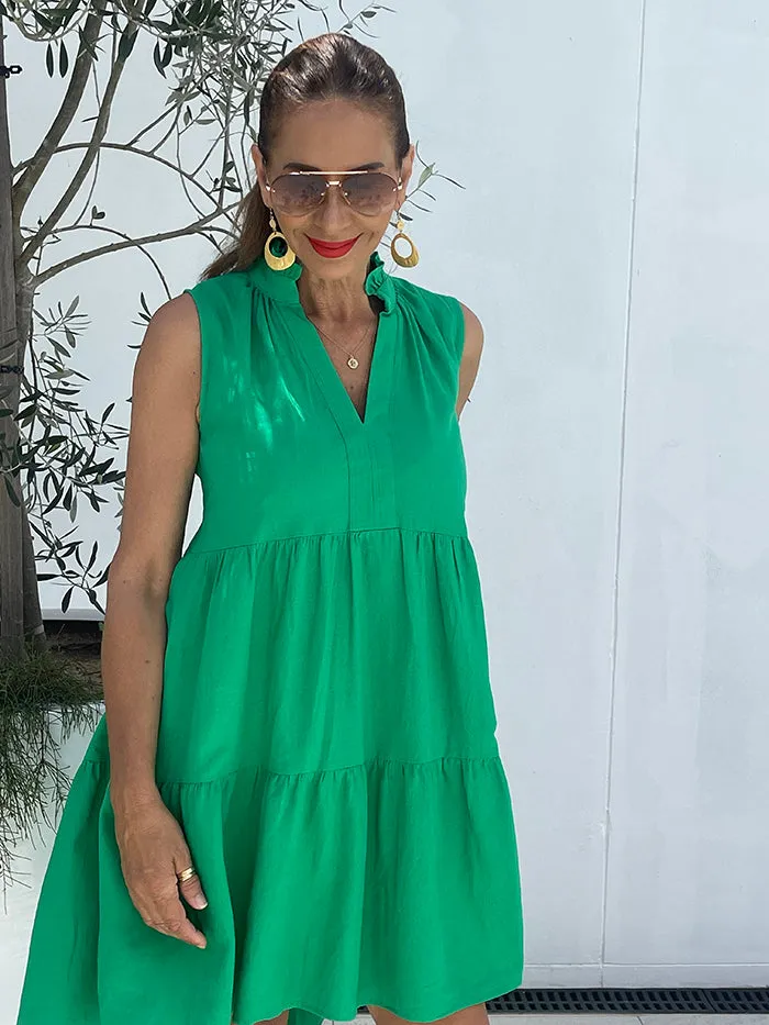 Libby Midi Tiered Relaxed Linen Dress - Green