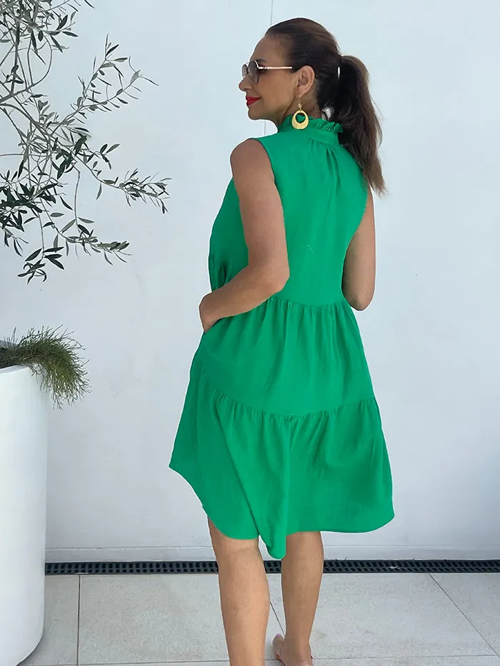 Libby Midi Tiered Relaxed Linen Dress - Green