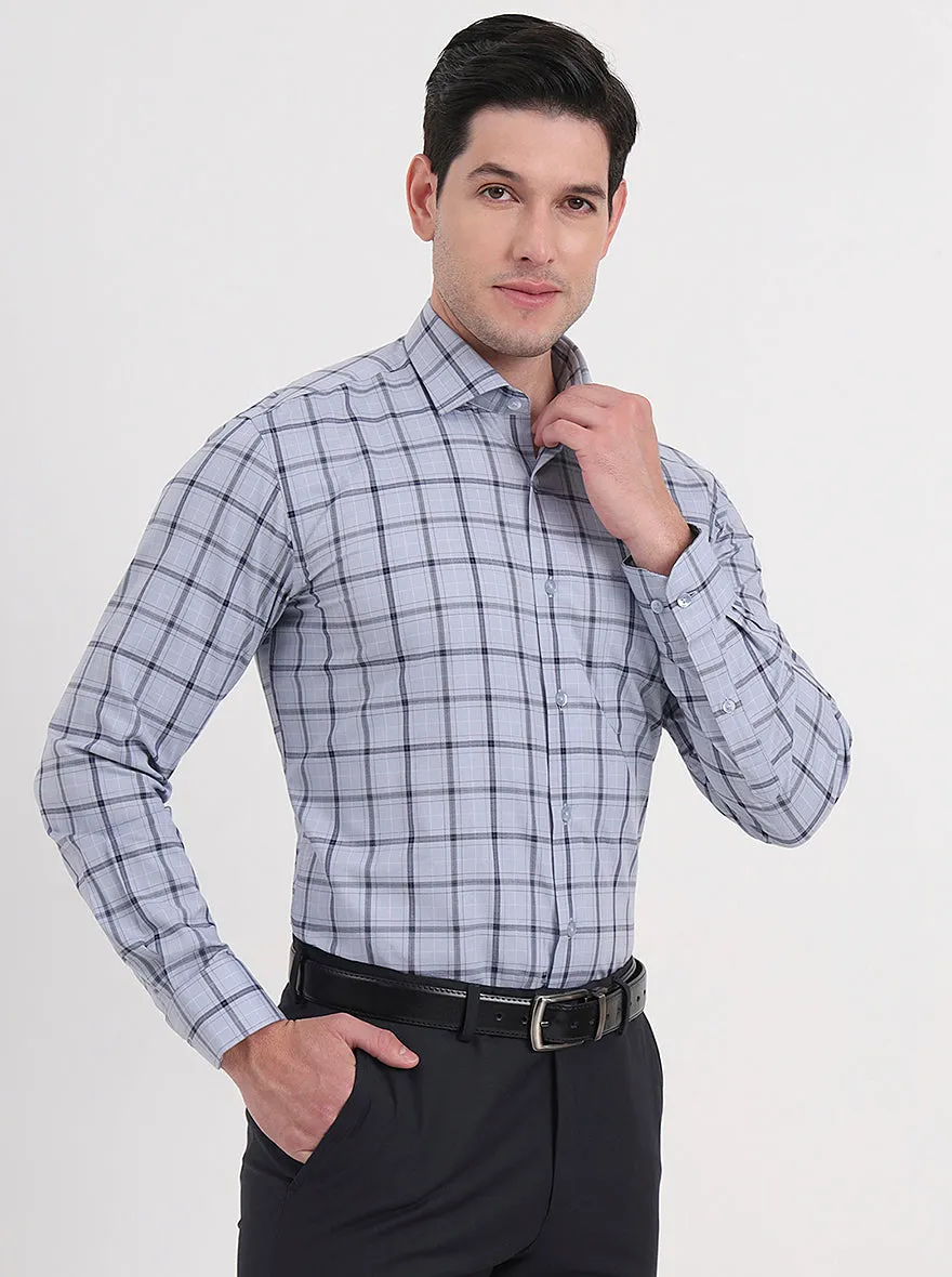Light Grey & Blue Checked Slim Fit Formal Shirt | Metal