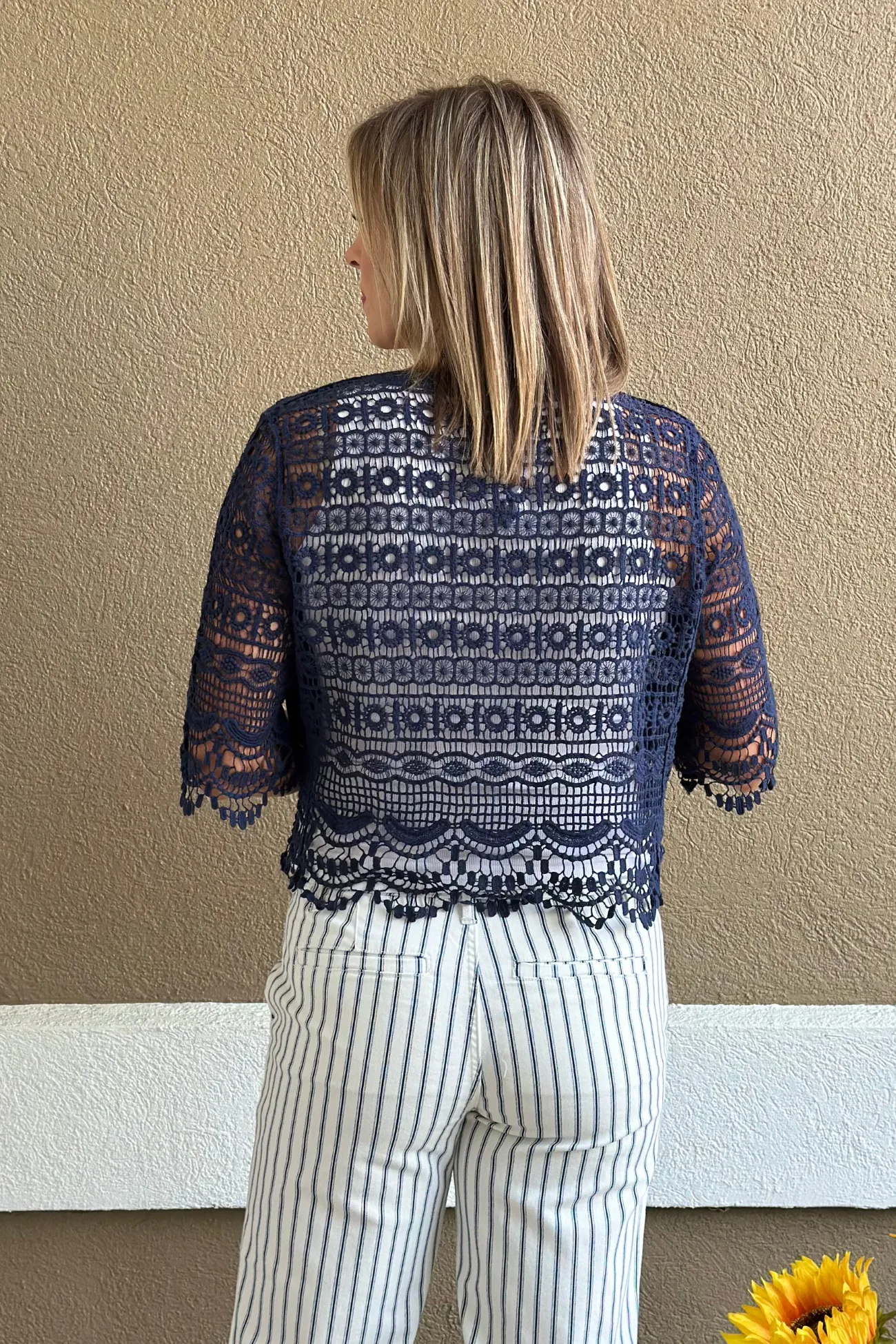 Liverpool Navy Short Sleeve Crochet Bolero