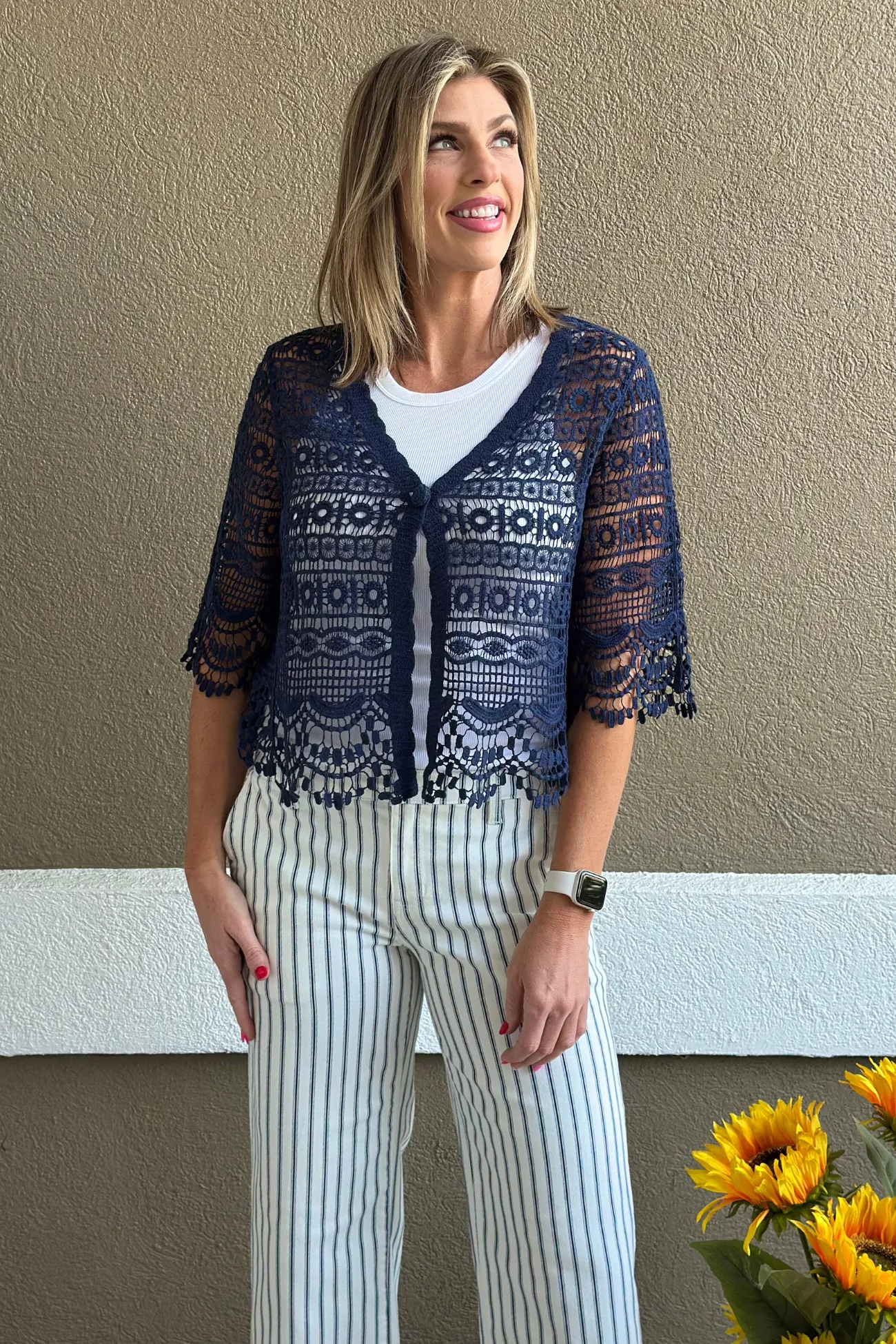 Liverpool Navy Short Sleeve Crochet Bolero