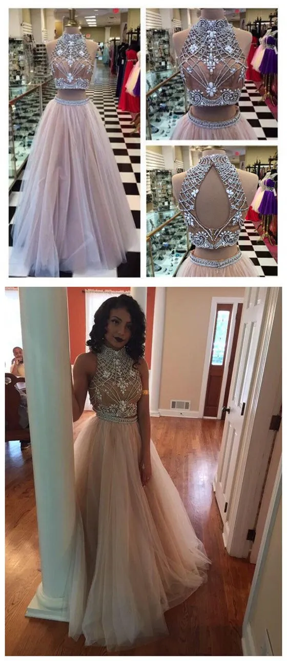 Long Custom Two Pieces High Neck Pretty Open Back Fashion Prom Dresses Online,PD0115
