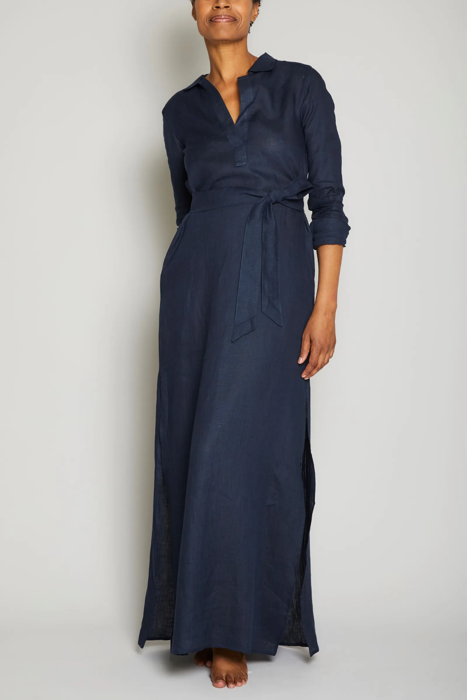 Long Linen Shirt Dress - Navy