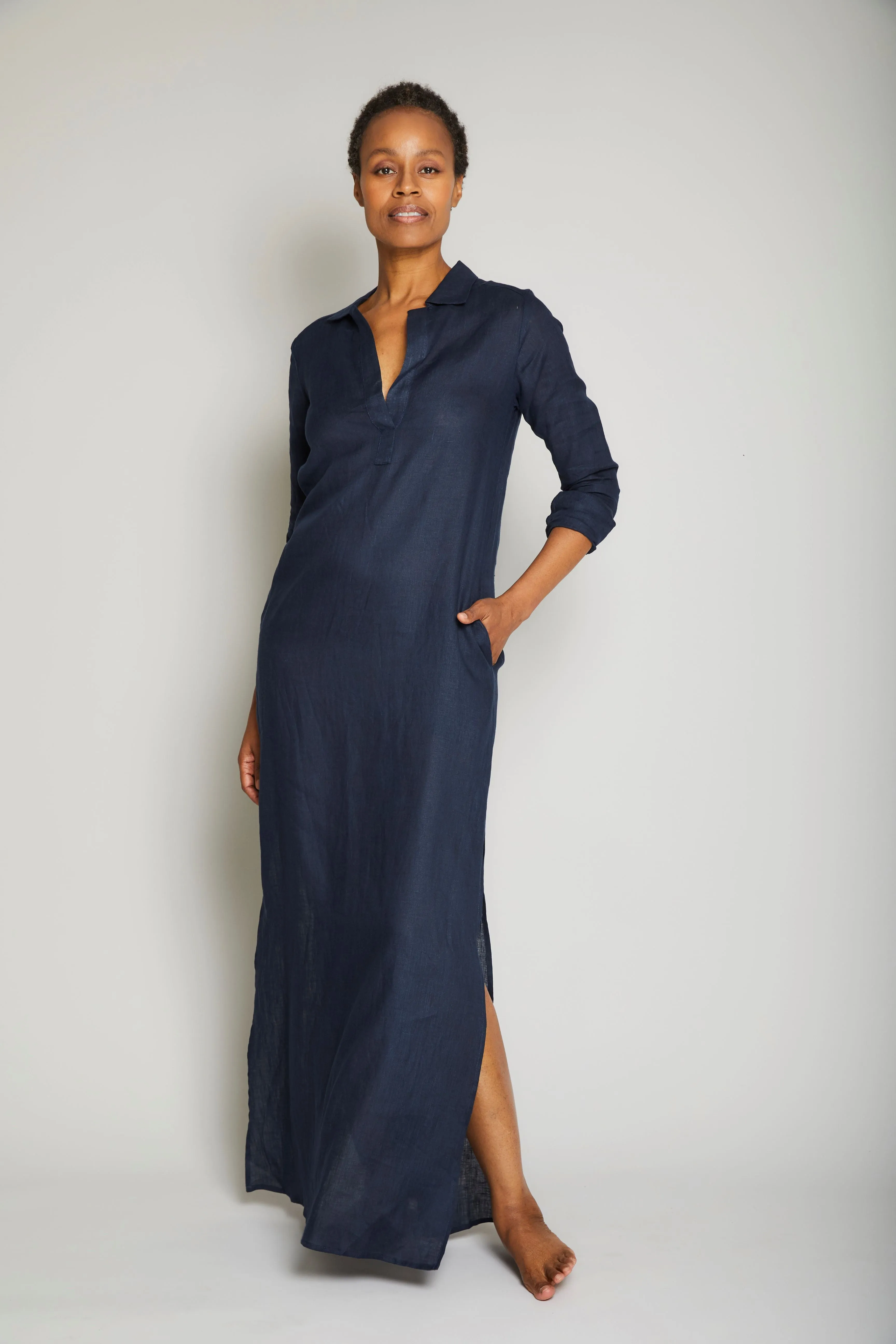 Long Linen Shirt Dress - Navy