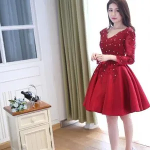 Long Sleeve Red V Neck Short Homecoming Dresses, BG51468