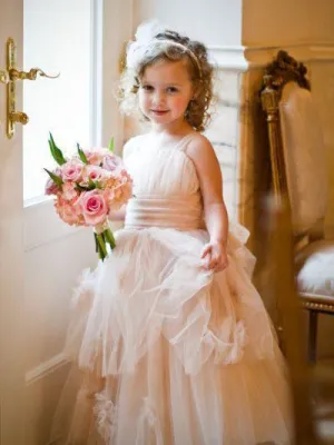 Long  Tulle Cheap Rustic Blush Pink Cute Flower Girl Dresses, QB0356