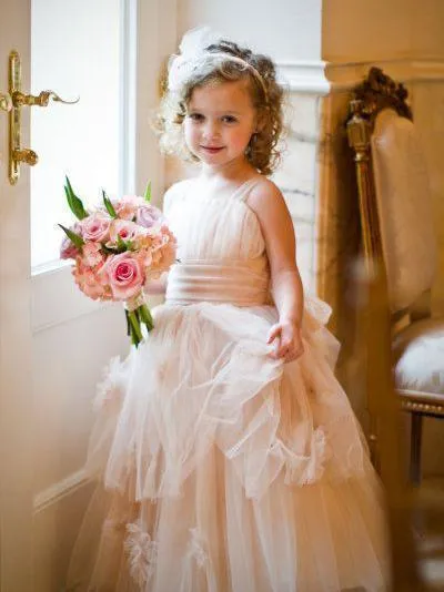 Long  Tulle Cheap Rustic Blush Pink Cute Flower Girl Dresses, QB0356