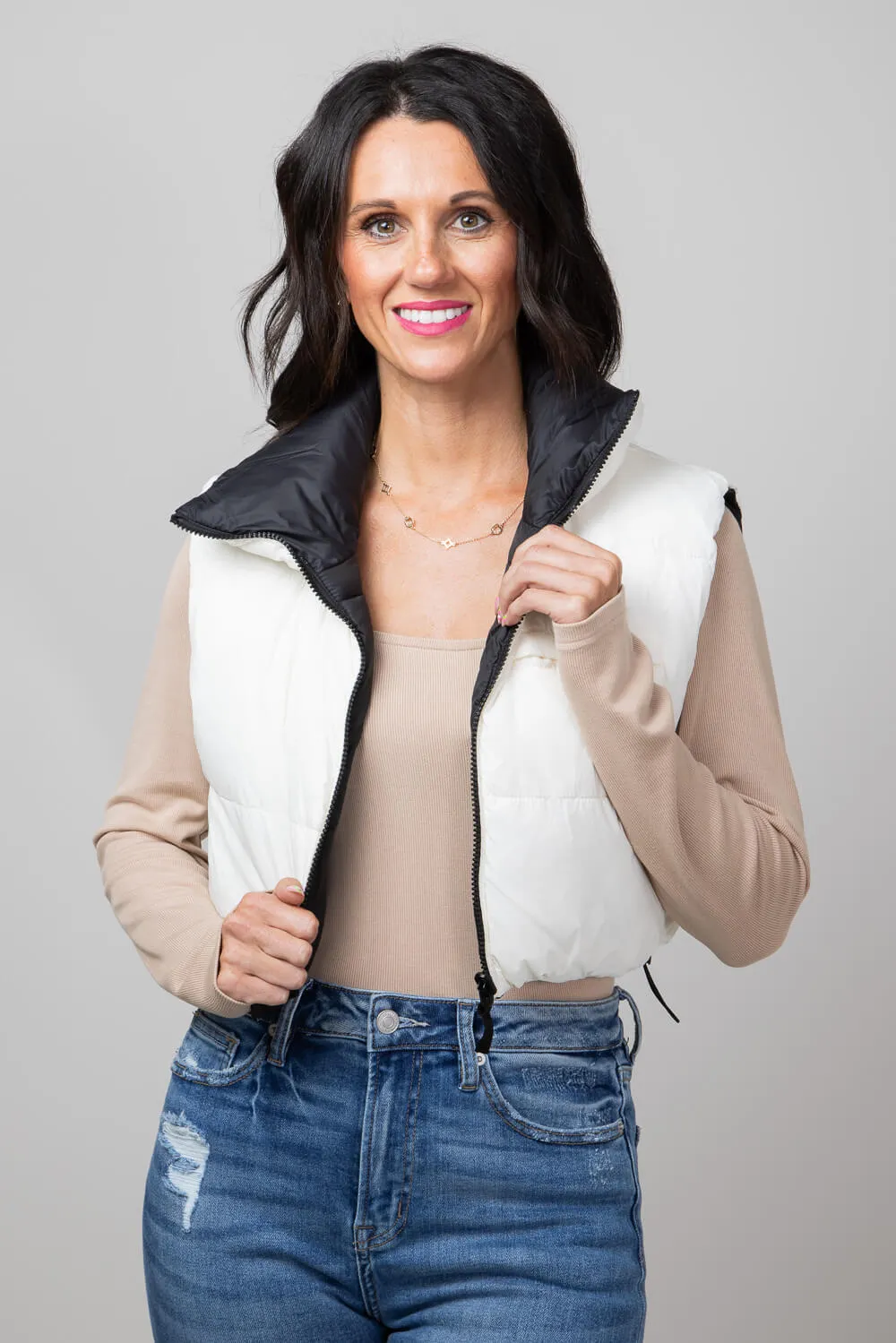 Love Tree Cropped Reversible Puffer Vest for Women in Black/White | 5089VH-BLACKOFFWHITE
