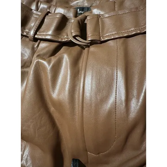Lulus Take A Ride Brown Vegan Leather Paperbag Waist Shorts, Size L, NWT