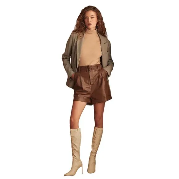 Lulus Take A Ride Brown Vegan Leather Paperbag Waist Shorts, Size L, NWT