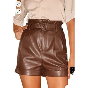 Lulus Take A Ride Brown Vegan Leather Paperbag Waist Shorts, Size L, NWT