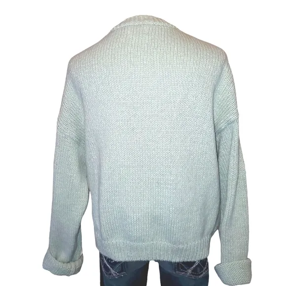 LUNA IVY Sage Puff Crochet Flower Cropped Cardigan/Button Up Sweater‎ Size M NEW