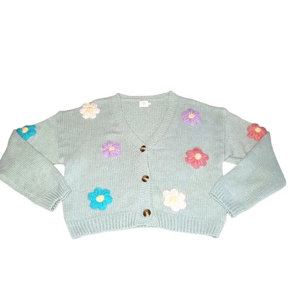 LUNA IVY Sage Puff Crochet Flower Cropped Cardigan/Button Up Sweater‎ Size M NEW