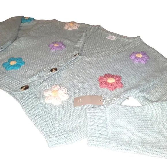 LUNA IVY Sage Puff Crochet Flower Cropped Cardigan/Button Up Sweater‎ Size M NEW