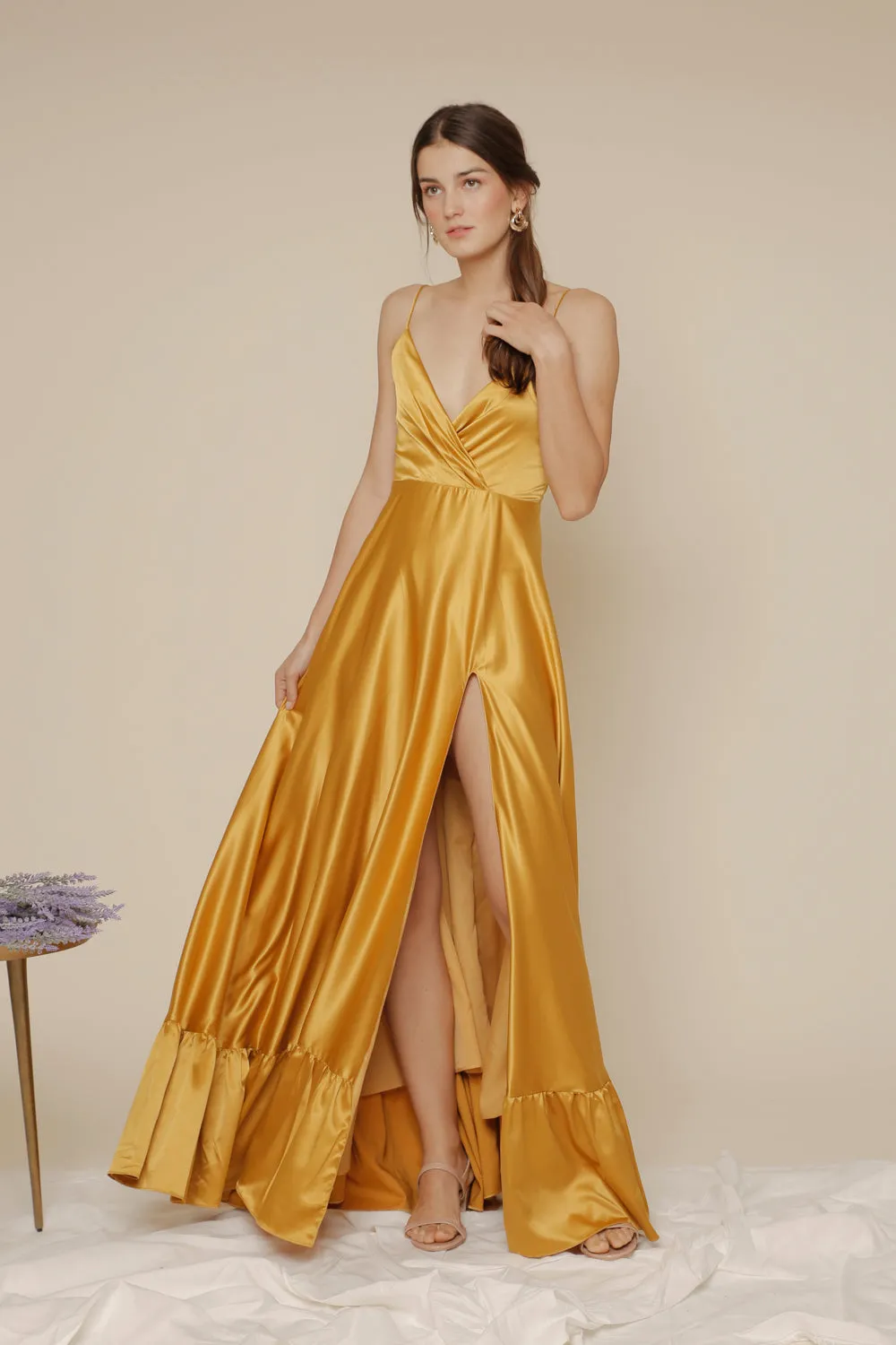 MARGARITA Deep V Maxi with High Slit Skirt and Ruffled Hem with Detachable Waist Tie (Yellow Silk)