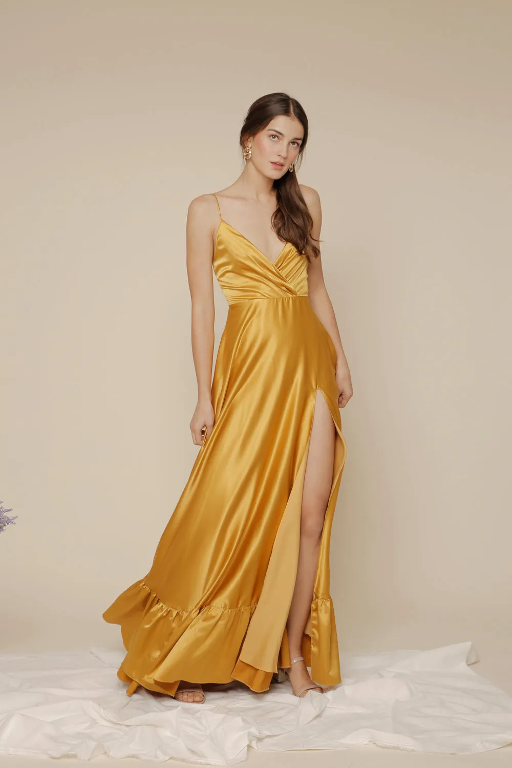 MARGARITA Deep V Maxi with High Slit Skirt and Ruffled Hem with Detachable Waist Tie (Yellow Silk)
