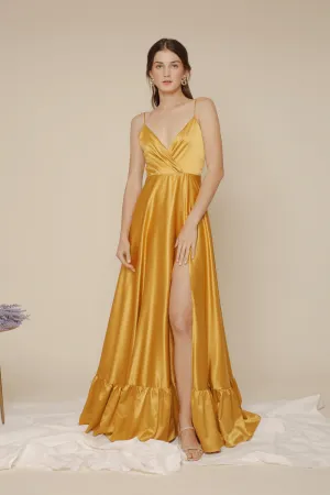 MARGARITA Deep V Maxi with High Slit Skirt and Ruffled Hem with Detachable Waist Tie (Yellow Silk)