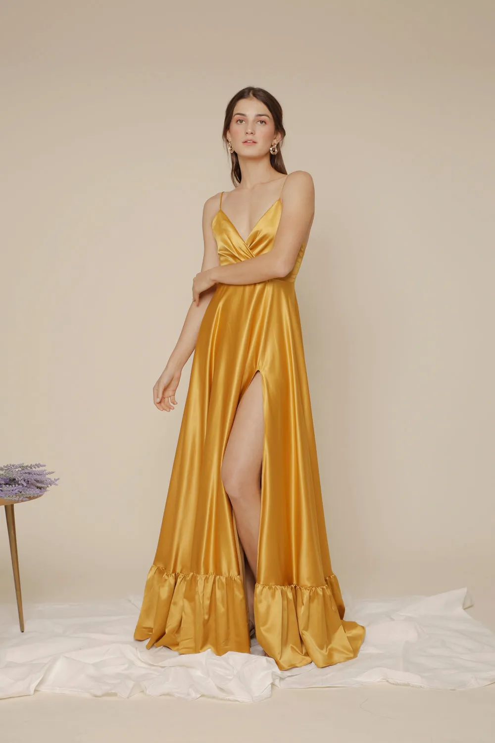 MARGARITA Deep V Maxi with High Slit Skirt and Ruffled Hem with Detachable Waist Tie (Yellow Silk)