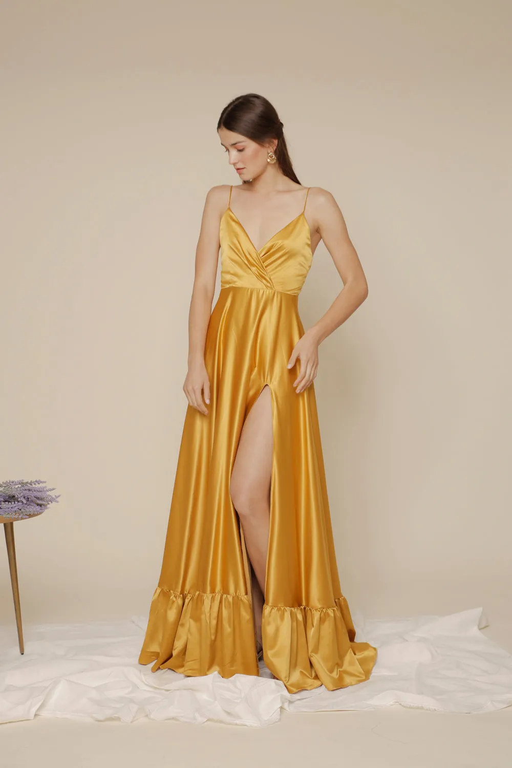 MARGARITA Deep V Maxi with High Slit Skirt and Ruffled Hem with Detachable Waist Tie (Yellow Silk)