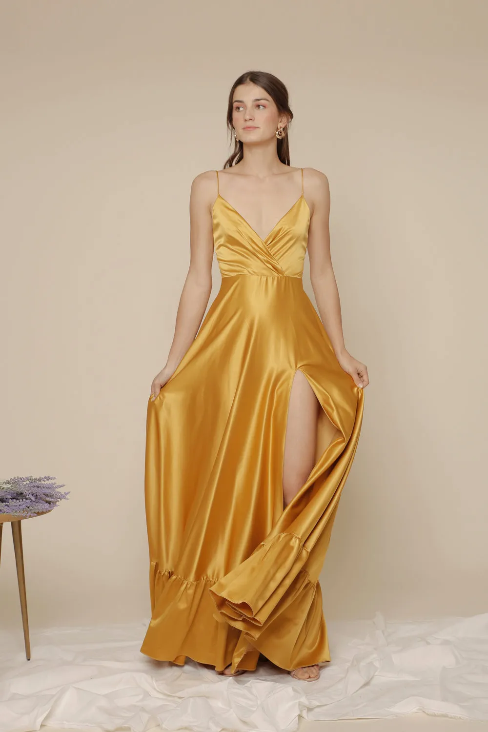 MARGARITA Deep V Maxi with High Slit Skirt and Ruffled Hem with Detachable Waist Tie (Yellow Silk)