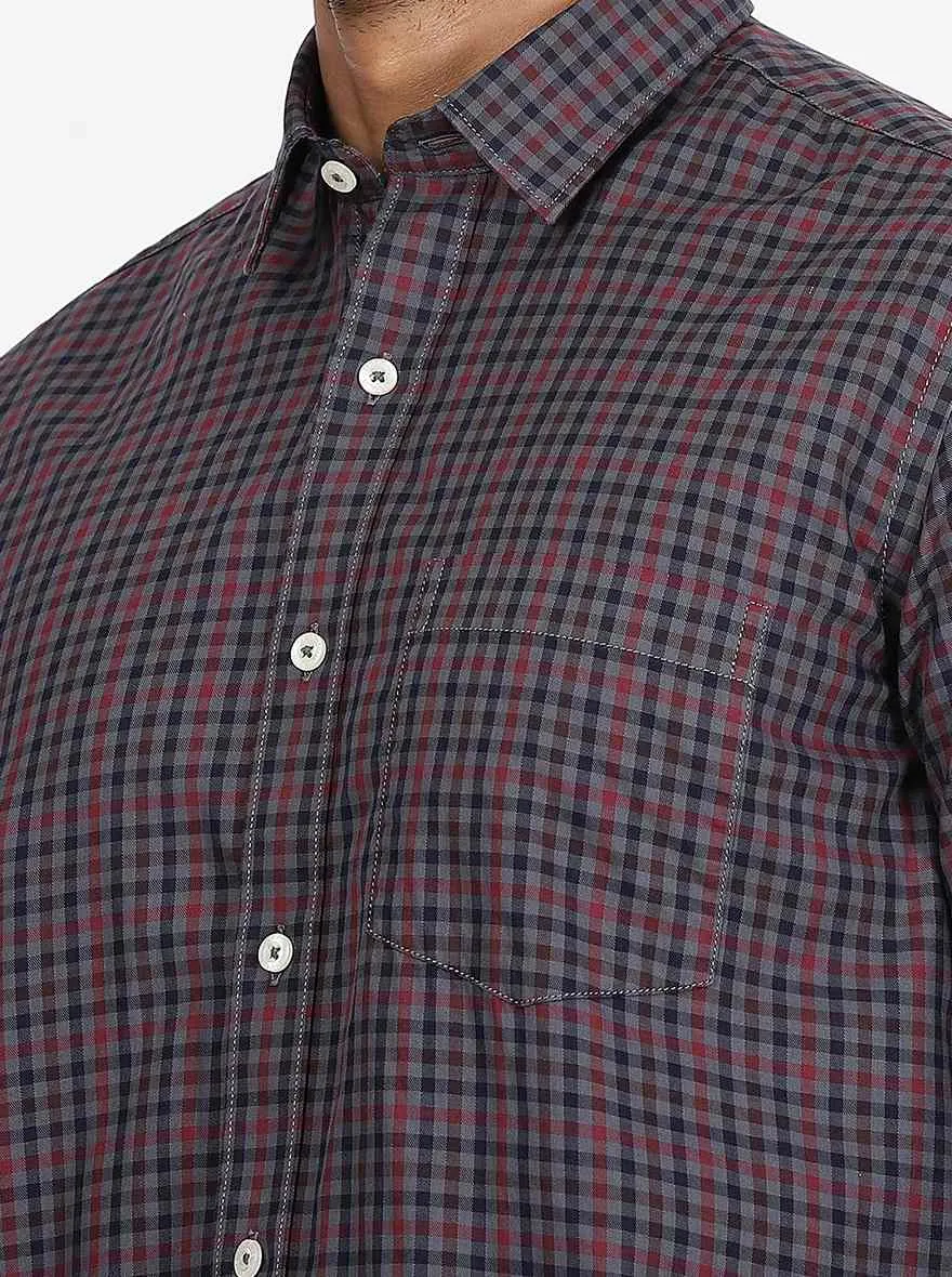 Maroon Checked Slim Fit Semi Casual Shirt | JadeBlue