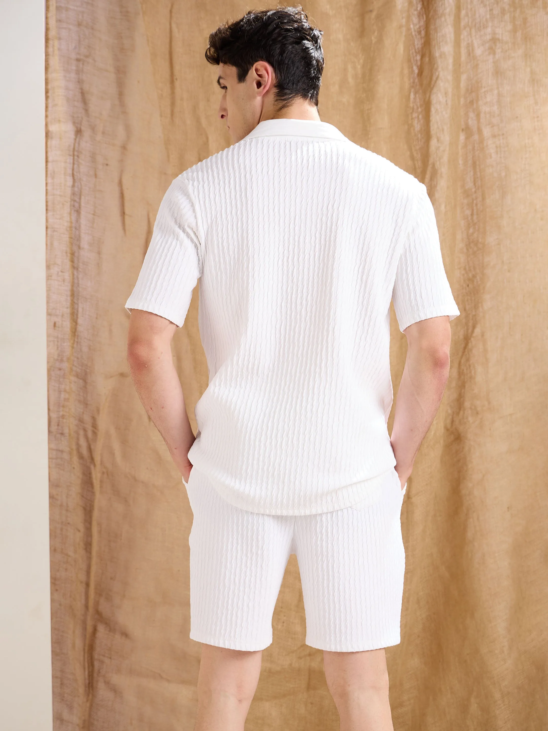 Men White Textured Relax Fit Shorts