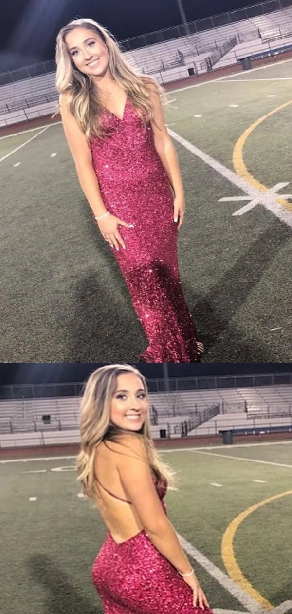 Mermaid Backless Red Sequin Long Prom Dresses,Cheap Prom Dresses,PDY0462