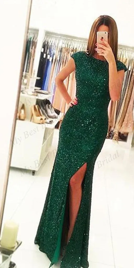 Mermaid Open Back Emerald Green Sequins Evening Dresses ,Cheap Prom Dresses,PDY0580