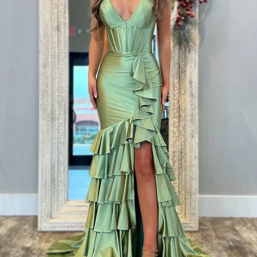 Mermaid Sage V Neck Satin Long Prom Dresses with Ruffle Skirt