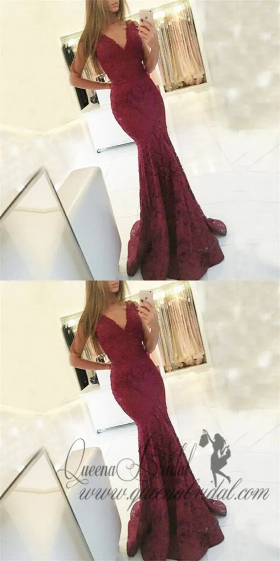 Mermaid V-Neck Floor-Length Sleeveless Burgundy Lace Prom Dresses, QB0248